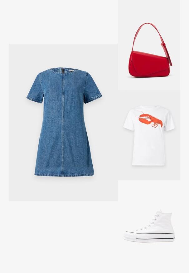 Jeans obleka, kratki rokavi, okrogla izrez, modra barva, rahlo teksturirana tkanina, zadrga na hrbtni strani, raven kroj, do kolen.; Bela bomba iz bombaža z velikim, svetlo rdečim grafikonom jastreba na sprednji strani. Kratki rokavi in standarden kroj s okroglim izrezom.; Beli visoki platneni športni čevelj z črnim gumijastim podplatom, sprednjim gumijastim zaščitnikom za prste in šestimi luknjicami za vezalke, ki se ponaša s preprostim, minimalističnim dizajnom.; Rdeča usnjena torba z angularnim, geometrijskim dizajnom. Ima en samostoječ nastavljiv ročaj in pokrov, zaprt z zapiranjem, ki je okrašen s šivi.