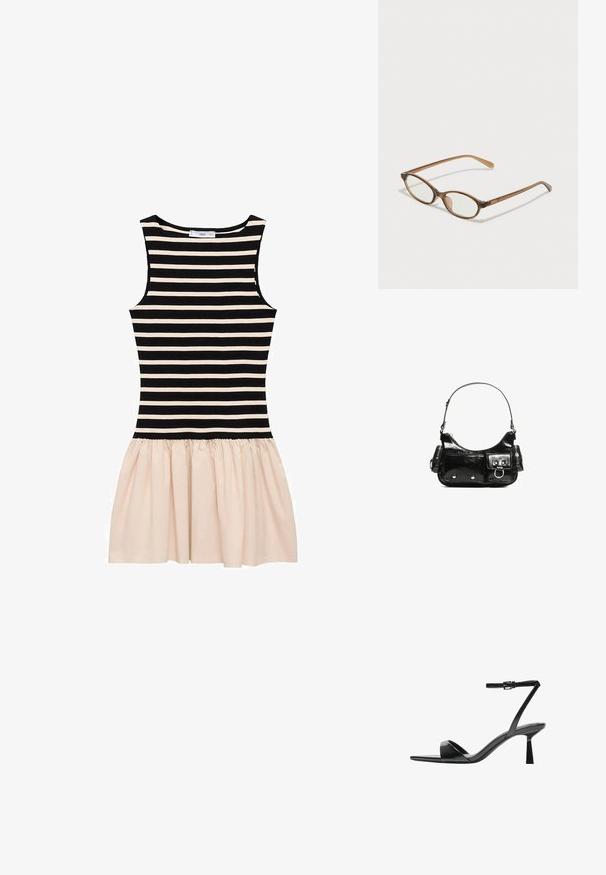 Rochie în dungi, cu o secțiune superioară neagră și crem și o fustă crem plisată. Confecționată dintr-un material moale, cu gât rotund și design fără mâneci.; Bershka Sandale cu toc - black; Ochelari în nuanță de țestoasă maro, cu lentile ovale, brațe subțiri și accente transparente. Prezintă un logo subtil pe tâmplă. Design elegant și ușor.; Geantă de mână din piele lăcuită neagră, cu o formă curbată, un umăr, buzunare frontale și accente din metal argintiu.