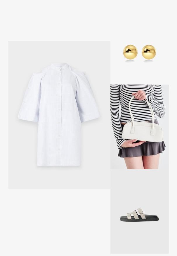 Heled sinise ruuduline särgikleidi, millel on nööbiga kinnistus, avatud õlgadega disain ja kolmeveerandi varrukad. Valmistatud kergetest kangast.; Mustmustel must jalanjalal, millel on kaks vertikaalset riba, mis on kaunistatud hõbedaste rhinestone'idega, tasane disain, kummist tekstuur ja peen pinnamuster.; Valge krokodillimustrihuga kott kahe käepideme ja ristküliku kuju ning lukuga. Esitatud heledal taustal.; Kuldsetest sfäärilistest kõrvarõngastest, millel on läikiv ja peegelduv pind. Disain on lihtne ja sile, luues kaasaegse ning minimalistliku ilme.