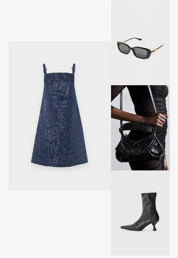 Denny mekko tummansinisellä värillä, jossa on metallinhohteisia hopeisia tekstipatrooneja, säädettävät hihnat, A-linjainen muotoilu ja puolipitkä hame.; Musta nahkasaapas nilkkapituisena, teräväkärkinen, tekstuurilla varustettu kärki ja hoikka, kartiomainen korko. Sileä pinta, jossa on hienovaraisia ompeluyksityiskohtia.; Mustat suorakulmaiset aurinkolasit, joissa on harmaat linssit ja kultaiset leijonanpään koristeet temppeleissä. Sileä muovinen kehys, tyylikäs muotoilu.; Musta nahkalaukku, jossa on rei'itetty pinta, kaareva muotoilu ja pyöreä kahva. Koristeena on kiiltävä, pyöreä metallikappale.