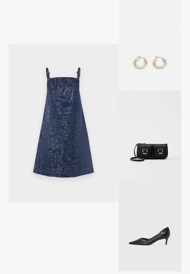 Denim obleka v temno modri barvi z metalno srebrnimi vzorci, nastavljive naramnice, A-linija in srednje dolga krila.; Črni usnjeni čevelj s koničastim prstom in nizkim tihim peto. Ima gladko teksturo in subtilen lesk. Spredaj odprt izrez za dodaten detajl.; Črna usnjena torbica čez ramo z dvema sprednjima žepoma, zlatimi zaponkami, zadrgo in ozkim pasom. Tekstura površine je strukturirana, obliko pa ima kompaktno pravokotno.; Lauren Ralph Lauren BASIC SMALL HOOP - Uhani - gold-coloured