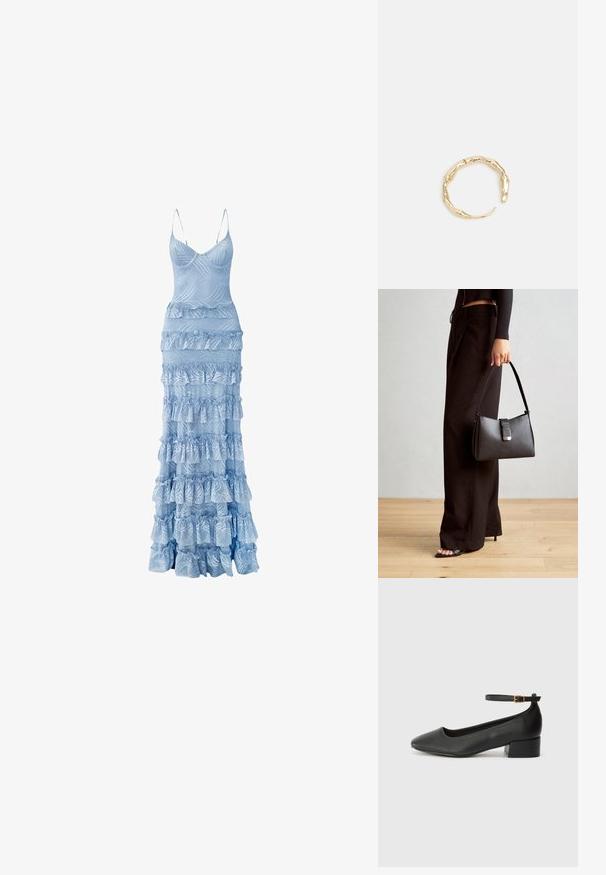 Abito maxi azzurro chiaro con un busto aderente, sottili spalline e ruffles che si estendono lungo la gonna, caratterizzato da motivi testurizzati a onde.; Pump in pelle nera con punta affusolata e tacco basso a blocco. Presenta una cinghia alla caviglia con una fibbia in tonalità oro. Texture liscia.; Borsa nera con forma strutturata, texture liscia e una chiusura metallica. Abbinata a pantaloni neri larghi e sandali open-toe su un pavimento in legno.; Anello in tono oro con un design organico e Twisted, caratterizzato da una superficie liscia e punte affusolate, che crea un aspetto moderno e scultoreo.