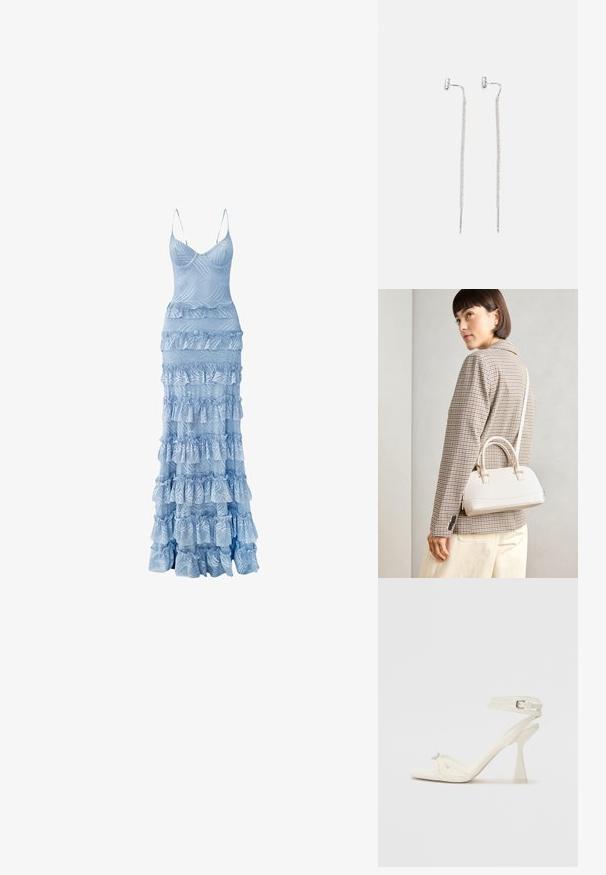 Robe maxi bleu clair avec un corset ajusté, des fines bretelles et des volants en cascade le long de la jupe, présentant des motifs texturés en forme de vagues.; Sandale à talons hauts à brides en cuir blanc avec un design épuré, un talon bloc transparent et un élément décoratif au niveau des orteils.; Sac à main structuré blanc avec de courtes poignées et une bandoulière, doté de accents en métal doré et d'un matériau texturé, présenté sur un fond gris.; Boucles d'oreilles pendantes en argent avec un design de chaîne mince et en maille, agrémentées d'accents en tige droite, dotées de fermoirs papillon pour un maintien sécurisé.