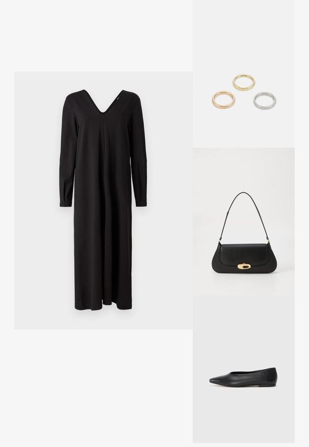 Svart långärmad klänning med V-ringning, tillverkad av ett mjukt, elastiskt tyg, med en avslappnad passform och rak nederkant.; Svart läderballetflat, spetsig tå, minimalistisk design, slät textur, låg klack, ingen synlig hårdvara eller utsmyckningar.; Svart läderhandväska med en böjd design, hårdvara i guldton, och ett handtag ovanpå. Har en snygg stängning och en mjuk yta.; Tre metallringar: en roséguld, en guld med texturerade detaljer och en silver, alla med ingraverad märkning på den inre ringen.