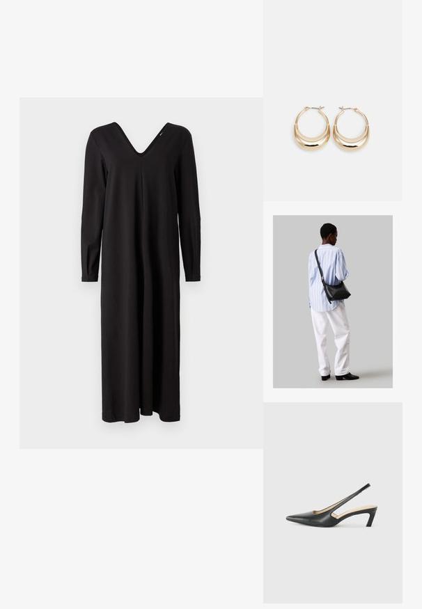 Černé šaty s dlouhým rukávem a výstřihem do V, vyrobené z měkké, pružné tkaniny, s volným střihem a rovný lem.; Černý špičatý slingback s nízkým podpatkem, vyrobený z hladké kůže, s výřezem na boku pro lepší prodyšnost.; Černá kožená kabelka přes rameno s jemnou texturou, trojúhelníkovým tvarem a nastavitelným popruhem, v kombinaci se světle modrou pruhovanou košilí a bílými kalhotami.; Náušnice ve tvaru kroužku zlaté barvy s půlměsícovým tvarem, lesklým povrchem a závěrečným uzávěrem. Hladká textura a reflexní povrch zvyšují viditelnost.