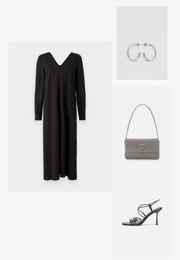 Crna haljina dugih rukava s V-izrezom, napravljena od mekog, rastezljivog materijala, s ležernim krojem i ravnim rubom.; Crne sandale na visokoj potpetici imaju tanke trake s čvorastim dizajnom, glatki kvadratni vrh i elegantnu stiletto petu.; Svijetlosivi metalik ruksač s lancem, ukrašen malim okruglim metalnim zakovicama i trokutastim logotipom marke.; Srebro naušnice u obliku prstena s glatkom, sjajnom završnom obradom. Zaobljenog oblika, laganog dizajna, s kopčom na poleđini.