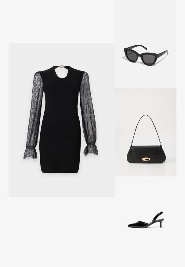 Černé šaty s těsnou korzetovou částí, krajkovými dlouhými rukávy a výstřihem ve tvaru klíčové dírky. Ohnuté krajkové manžety dodávají strukturu. Na zadní straně se nachází kovový klip.; Černé lakované kožené lodičky na klínu s špičatou špičkou, nízkým stiletto podpatkem a elegantním, jednoduchým designem bez ozdob.; Černé sluneční brýle ve stylu kočičích očí s matným povrchem, vybavené šedými zabarvenými skly, ostrými liniemi a elegantními bočními rameny. Název značky viditelný na vnitřní straně ramene.; Černá kožená kabelka s zakřiveným designem, zlatými akcenty a horním uchem. Vybavena elegantním zavíráním a hladkým povrchem.