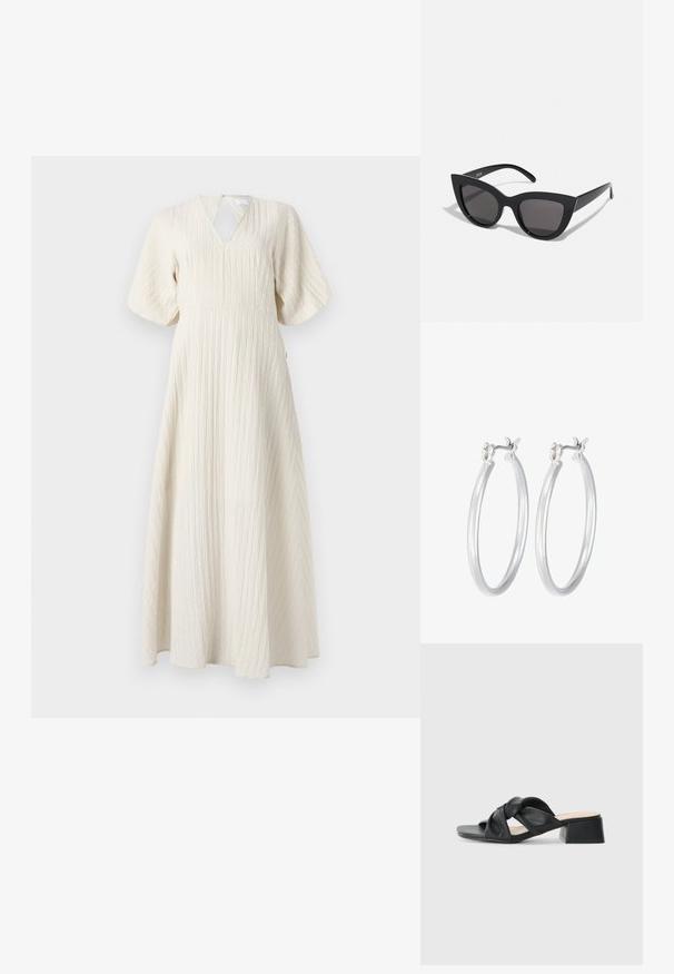 Maxi suknelė off-white spalvos, pagaminta iš tekstūruoto susikrauto audinio, su V formos iškirpte, platėjančiomis trumpomis rankovėmis ir A formos siluetu.; Juodų odinių sandalų su sukryžiuotu viršumi dizainu, kvadratine nosimi ir žemu blokiniu kulnu, pasižyminčių lygiu paviršiumi ir minimalistiniu stiliumi.; Juodos katės akies akinių nuo saulės su matinio paviršiaus danga, turinčiais pilkai tonuotus lęšius, aštriomis linijomis ir elegantiškomis šoninėmis kojelėmis. Prekės ženklas matomas vidinėje kojelėje.; Sidabriniai auskarai su sklandžiu, poliruotu paviršiumi. Apvalios formos ir saugus uždarymo mechanizmas. Lengvas dizainas, tinkantis kasdieniam dėvėjimui.