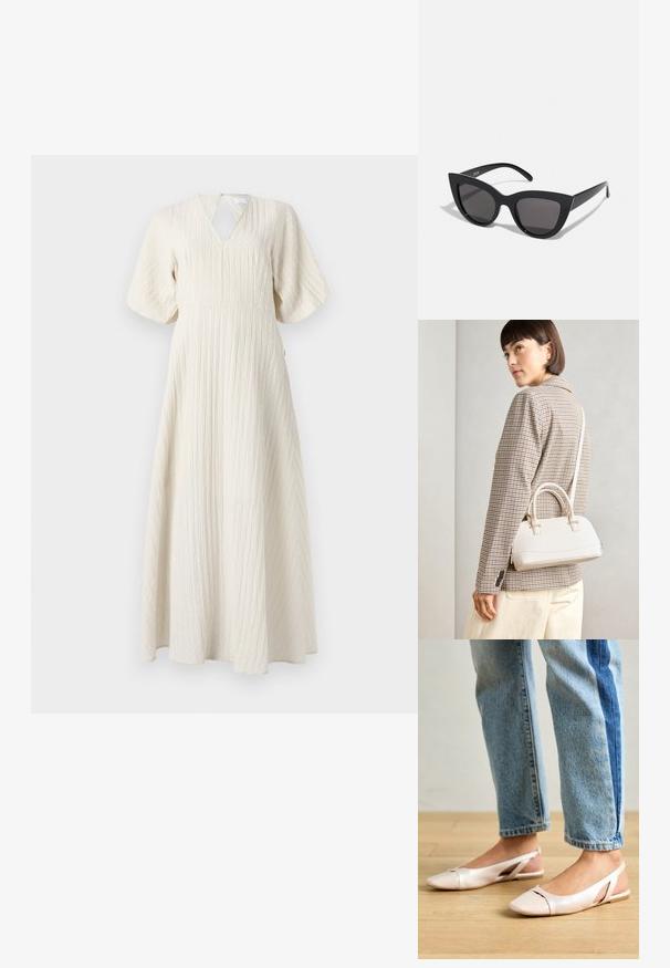 Vestido maxi em off-white, com um tecido texturizado com pregas, decote em V, mangas curtas largas e uma silhueta em forma de A.; Sapatilhas slingback de cor rosa pálido com bico fino, feitas de um material semelhante a couro liso. Apresentam detalhes recortados nas laterais e um salto plano.; Óculos de sol cat-eye pretos com acabamento mate, apresentando lentes cinzentas, ângulos acentuados e hastes elegantes. Nome da marca visível na parte interna da haste.; Bolsa estruturada branca com alças curtas e uma alça de ombro, com detalhes em hardware dourado e material texturizado, exibida contra um fundo cinza.