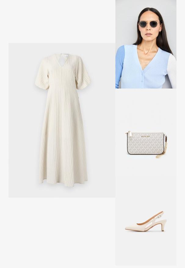 Maksi kleita off-white krāsā, ar rūdīta auduma tekstūru, V veida dekoltē, izplestas īsas piedurknes un A formas siluets.; Baltas siksniņveida papēdis ar smailu purngalu, gludu augšējo materiālu, zemu blokpapēdi un sānu izgriezumu dizainu ar regulējamu sprādzi.; Apaļas saulesbrilles ar tumšiem objektīviem un zeltītām rāmēm. Modelis valkā gaiši zilu, ribotu kardigānu ar pogām un kontrastējošām baltām piedurknēm.; Michaela Korsa rokassomi bez̦ā īšojuma, kas izgatavota no apklāta kanvas, iekļaujot atkārtotu MK logotipa rakstu, zelta aparatūru un noņemamu ķēdes siksnu.