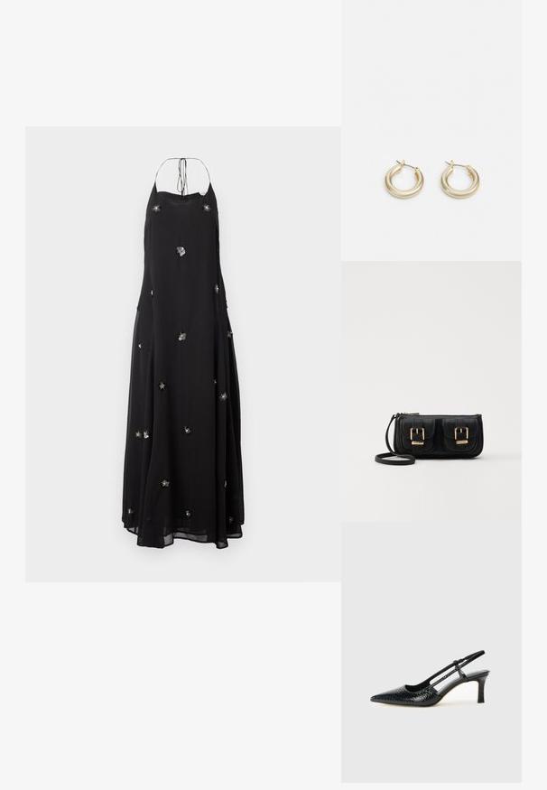 Svart, flödande maxiklänning i lätt tyg. Har blommiga dekorationer och design med halterneck och justerbara band.; Svart lackskin slingback-häl med spetsig tå, med texturerad ormskinnsprint, justerbar rem och en kort, texturerad blockklack.; Svart läderaxelväska med två framfickor, guldspännen, dragkedjestängning och en smal rem. Texturerad yta och kompakt rektangulär form.; Lauren Ralph Lauren BASIC SMALL HOOP - Örhänge - gold-coloured