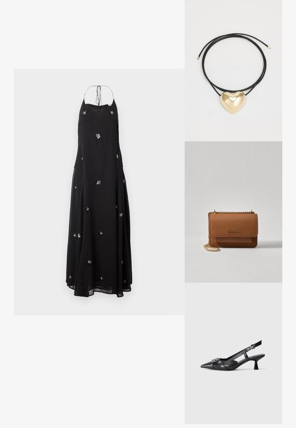 Čierna, voľná maxi šaty vyrobené z ľahkej tkaniny. Obsahuje kvetinové ozdoby a dizajn s krčným viazaním s nastaviteľnými šnúrkami.; Čierne kožené slingback topánky s špicatou špičkou, ozdobnými popruhmi s kovovými očkami a nízkym blokovým podpätkom. Textúrovaný povrch.; Hnedá textúrovaná kožená taška cez telo s zlatým reťazovým popruhom a preklopným uzáverom. Predná strana obsahuje detail s logom a vrecko pod preklopkou.; Čierny opletený náhrdelník s lešteným zlatým pendantom v tvare srdca s hladkými krivkami a lesklým povrchom.