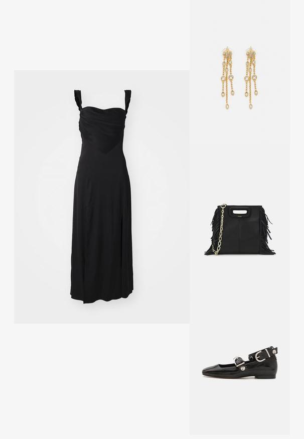 Čierne šatky bez rukávov s drapovaným telom, srdcovým výstrihom a bočným rozparkom. Hladká tkanina s voľným dizajnom a rozšírenou sukňou.; Čierne lakované baleríny so štvorcovou špičkou, remienkom okolo členka so striebornými prvkami a plochou podrážkou. Hladký povrch s minimalistickým dizajnom.; Čierna kožená kabelka s strapcami, zlatým reťazovým ramenným popruhom a vykrojenou rukoväťou. Na prednej strane sa nachádza logo.; Zlaté náušnice s mnohými kaskádovými reťazcami, ozdobené jasnými oválnymi kryštálmi a dekoratívnymi puzdrami.