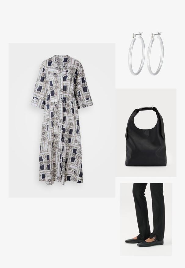 Garais, josts kleita no viegla auduma, ar ģeometrisku ziedu rakstu tumši zilā, baltā un zelta akcentiem. Trīs ceturtdaļu piedurknes.; Melni ādas baleta zābaki ar smailo purngalu, siksniņa ar sudraba sprādzi, kombinēti ar melniem tailētiem biksēm ar šķēluma apakšdaļu.; Melna ādas hobo soma ar vienu mīkstu, noapaļotu rokturi; tai ir gluda virsma un minimālistisks dizains. Nav redzamu metāla detaļu vai akcentu.; Sudraba riņķveida auss gredzeni ar gludu, pulētu apdari. Apaļa forma un drošs klikšķa augšējais slēgums. Viegls dizains, kas piemērots ikdienas valkāšanai.