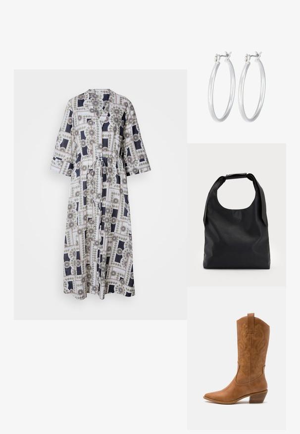 Duga haljina s remenom od laganog materijala, sa geometrijskim cvjetnim uzorkom u mornarsko plavoj, bijeloj i zlatnim akcentima. Rukavi do tri četvrtine.; Smeđe kožne kaubojke s oštrim nosom, izvezenim spiralnim uzorcima na gornjem dijelu i blok petom. Imaju potporu za lakše obuvanje.; Crna kožna hobo torba s jednim mekanim, zaobljenim ručkom; karakterizira je glatka tekstura i minimalistički dizajn. Nema vidljivih hardverskih detalja ili akcenata.; Srebrne kružne naušnice s glatkom, poliranom površinom. Okrugli oblik i sigurno kopčanje na klik. Lagani dizajn pogodan za svakodnevno nošenje.