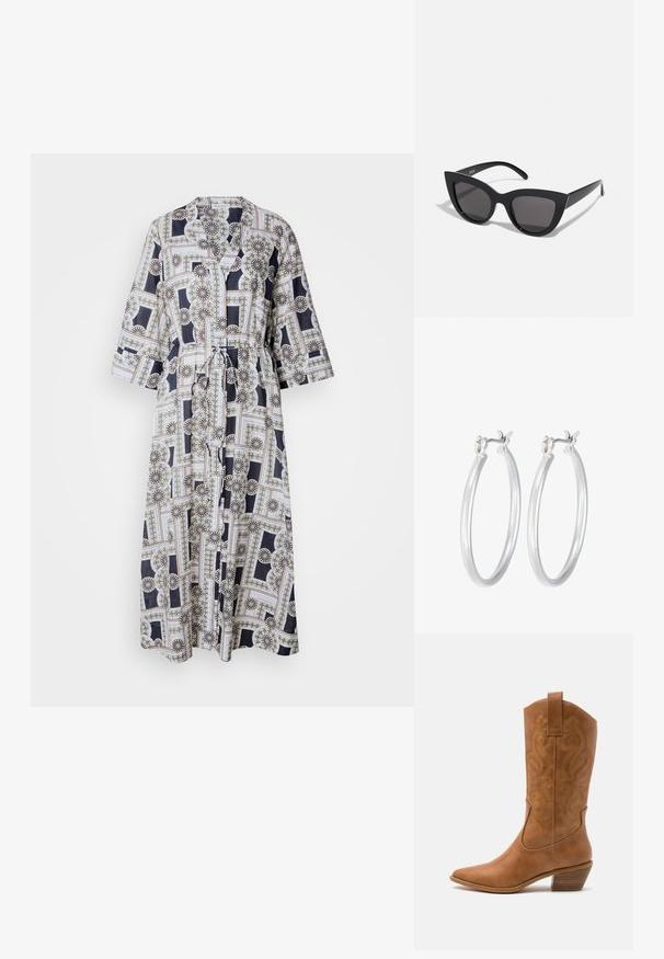 Garais, josts kleita no viegla auduma, ar ģeometrisku ziedu rakstu tumši zilā, baltā un zelta akcentiem. Trīs ceturtdaļu piedurknes.; Brūni ādas kovboju zābaks ar norādītu purngalu, izšūtām viļņveida apakšējo detaļu un sakrautajiem blokiem. Iezīmēts ar velkšanas cilpu ērtai uzvilkšanai.; Melnas kaķa acs saulesbrilles ar matētu apdari, ar pelēkiem tonētiem stikliem, izteiktiem stūriem un elegantiem sānu rokturiem. Zīmola nosaukums redzams uz iekšējā roktura.; Sudraba riņķveida auss gredzeni ar gludu, pulētu apdari. Apaļa forma un drošs klikšķa augšējais slēgums. Viegls dizains, kas piemērots ikdienas valkāšanai.