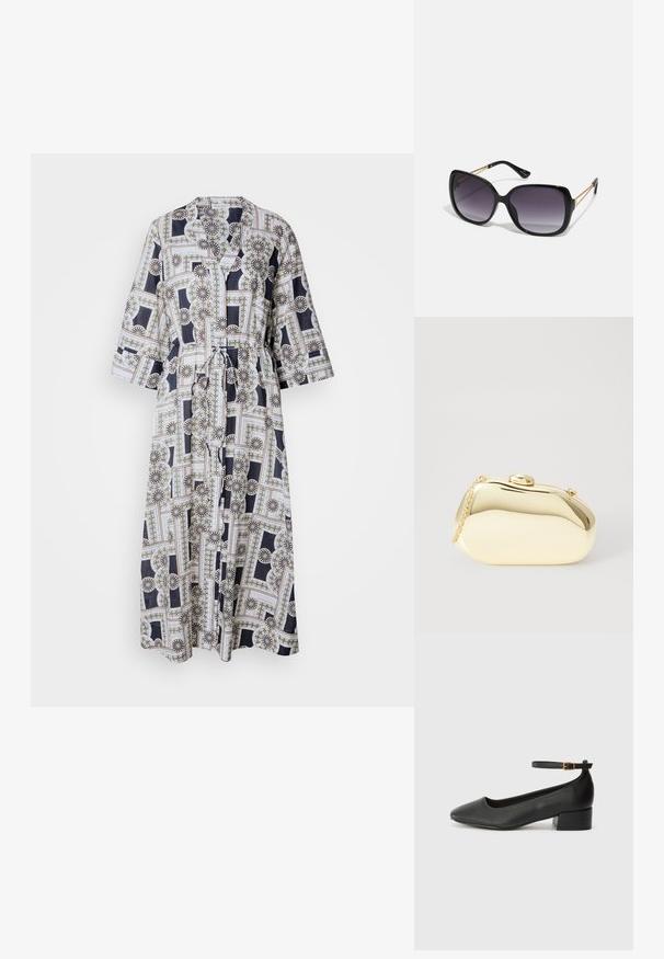Rochie lungă, cu cordon, confecționată dintr-un material ușor, având un model floral geometric în nuanțe de bleumarin, alb și accente aurii. Mânici trei sferturi.; Pantof cu toc negru din piele, cu vârf ascuțit și toc mic pătrat. Dispune de o curea la gleznă cu o cataramă în tonuri de aur. Textură netedă.; Ochelari de soare negri, supradimensionați, cu lentile degradate, rame groase și detalii cu lanț de ton auriu pe brațele templului.; Clutch metalizat de culoare aurie, cu o formă netedă și rotundă, având un închizător tip buton în partea de sus și o curea mică pentru purtare.
