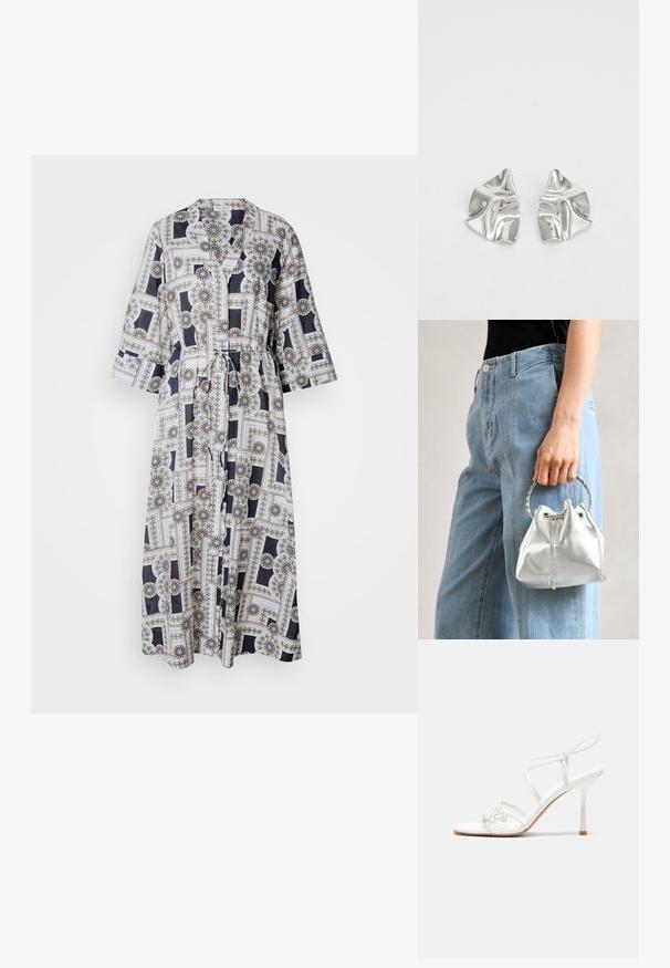 Vestido longo, com cinto, feito de um tecido leve, com um padrão floral geométrico em azul-marinho, branco e detalhes em dourado. Mangas até os três quartos.; Sandália de salto alto branca com tiras, base plana nos dedos, frente texturizada com detalhes franzidos e uma tira fina para o tornozelo.; Saco de balde prateado metálico com um acabamento texturizado, adornado com uma pega redonda prateada e fecho de cordão, segurado contra jeans azul claro.; Brincos de metal prateado com um design ondulante e escultural, apresentando um acabamento polido e formas irregulares, destacando uma estética contemporânea.