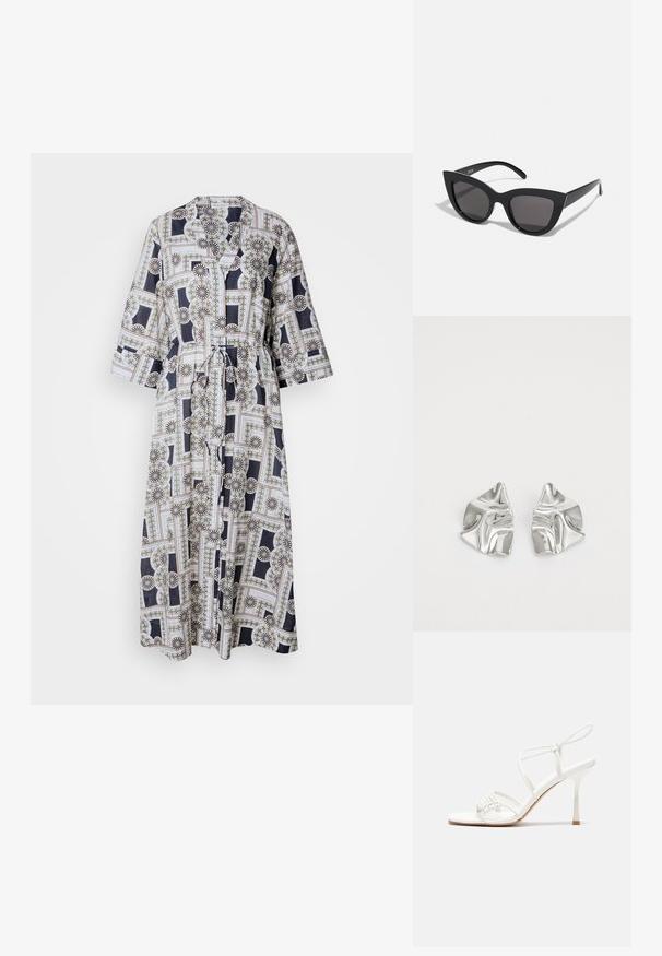 Dolga obleka z pasom, izdelana iz lahkega materiala, z geometrijskim cvetličnim vzorcem v mornarsko modri, beli in zlatih odtenkih. Obleka ima rokave do tri četrtine.; Bela sandala na visoki pet z zavezanimi trakovi, z ravnim podplatom, teksturirano sprednjo stranjo z nabranimi detajli in ozkim gležnjenjem.; Črne mačke-oko sončna očala z mat zaključkom, ki imajo sive tonirane leče, ostre kote in eleganten stranski del. Ime blagovne znamke je vidno na notranjem ročaju.; Srebrni kovinski uhani z valovitim, skulpturalnim dizajnom, ki se ponašajo s poliranim zaključkom in nerednimi oblikami, kar poudarja sodobno estetiko.