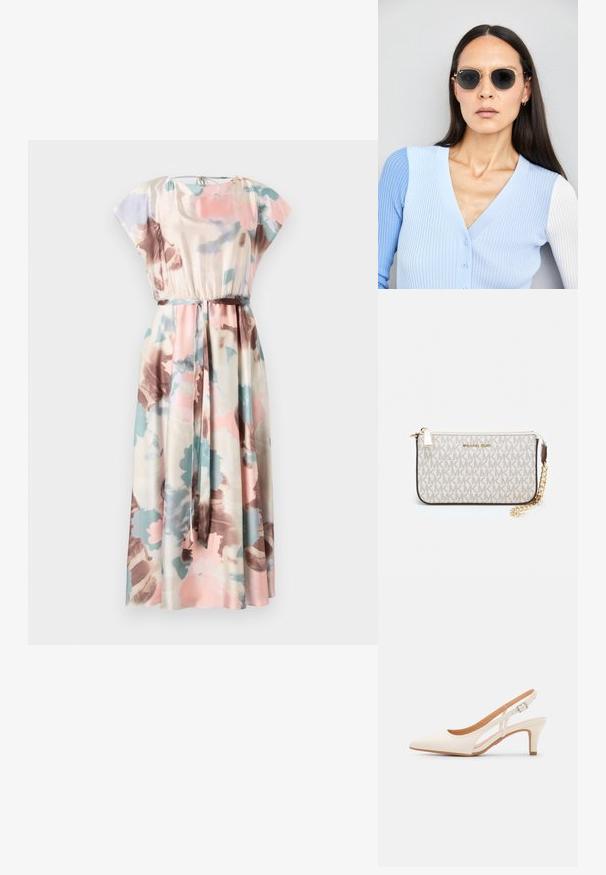 Rochie maxi cu mâneci scurte tip capac, cu modele florale în nuanțe de roz, albastru și maron pe un material crem, având un brâu elastic și o curea asortată.; Sandaie cu toc alb, cu vârful ascuțit, material superior neted, toc mic tip bloc și design cu decupaj lateral, cu curea ajustabilă.; Ochelari de soare rotunzi cu lentile întunecate și rame aurii. Modelul poartă un cardigan ribbed de culoare albastru deschis cu nasturi și mâneci albe în contrast.; Clutch Michael Kors din canva acoperit bej, cu un model repetitiv al logo-ului MK, accesorii din aur și o curea cu lanț detașabil.