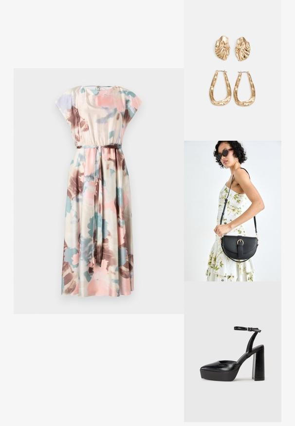 Vestido maxi com mangas curtas em forma de cap, padrões florais em rosa, azul e castanho sobre um tecido creme, apresentando uma cintura elástica e um cinto a condizer.; Saltos altos pretos com bico fino e atilho ajustável no tornozelo. Confeccionados em couro suave, apresentam um salto bloco robusto.; Bolsa de couro preta com forma curva, alça destacável e detalhes em dourado. A bolsa possui uma aba com detalhe de fivela.; Brincos em tom de ouro com formas onduladas e texturizadas. Inclui studs escultóricos com presilha e um design de argola aberta com um acabamento martelado.