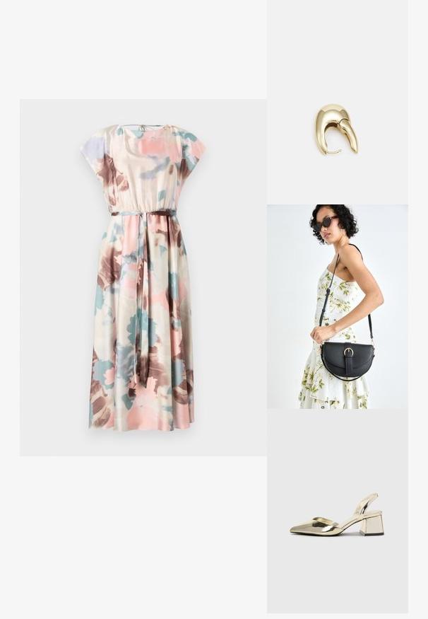 Maxi obleka s kratkimi naramnicami, cvetlični vzorci v roza, modri in rjavi barvi na kremnem blagu, z elastičnim pasom in usklajenim pasom.; Zlati, kovinski slingback čeveljci z ostrim nosom in masivnim peto. Gladka tekstura, minimalistična zasnova in ozka zanka.; Črna usnjena torbica s ukrivljeno obliko, z odstranljivo naramnico in zlatimi dodatki. Torbica ima pokrov s podrobnostmi v obliki zaponke.; Uhane nakit iz zlatastega tona z gladko, ukrivljeno zasnovo. Ima edinstveno koničasto obliko, polirano površino in zaponko s tečajem.
