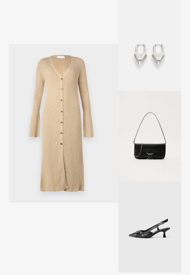 Bež pletena kardiganska jakna z dolgimi rokavi, zapenjanjem na gumb, V-izrezom in razširjenimi manšeti. Narejena iz mehke pletene tkanine z teksturiranim zaključkom.; Črne usnjene sandale središnje zaponke z ostro konico, okrasnimi trakovi z kovinskimi očesi in nizko blokasto peto. Teksturirana površina.; Črna usnjena torbica s srebrnim verižnim ročajem, ki ima okrasne krilate poudarke in belo šivanje ob spodnjem šivu.; Srebrni ključavnice v obliki srca z vgraviranima besedama "DA" in "NE", s poliranim zaključkom, simetričnim dizajnom in robustnim kovinskim nosilcem.