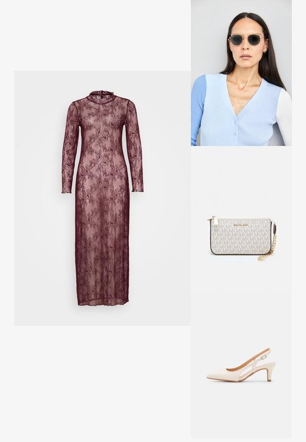 Garšs bordo mežģīņu kleita ar garām piedurknēm, augstu kaklu un ziedu rakstiem. Pārredzams materiāls ar pieguļošu siluetu.; Baltas siksniņveida papēdis ar smailu purngalu, gludu augšējo materiālu, zemu blokpapēdi un sānu izgriezumu dizainu ar regulējamu sprādzi.; Apaļas saulesbrilles ar tumšiem objektīviem un zeltītām rāmēm. Modelis valkā gaiši zilu, ribotu kardigānu ar pogām un kontrastējošām baltām piedurknēm.; Michaela Korsa rokassomi bez̦ā īšojuma, kas izgatavota no apklāta kanvas, iekļaujot atkārtotu MK logotipa rakstu, zelta aparatūru un noņemamu ķēdes siksnu.