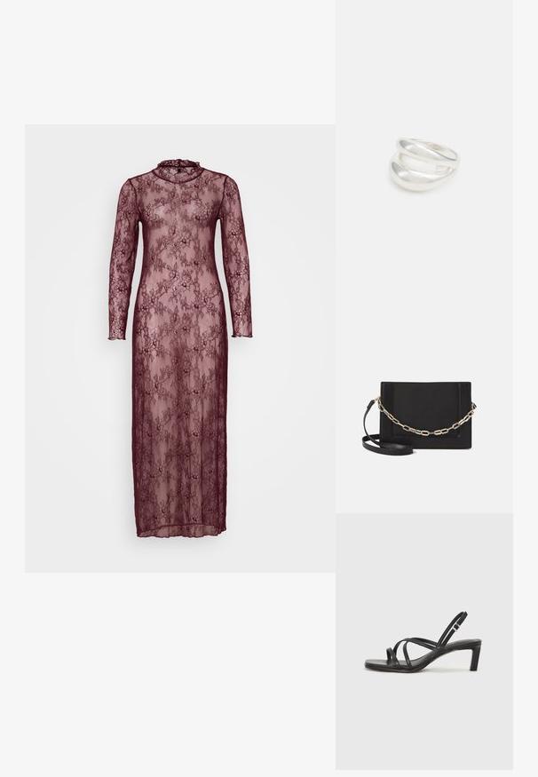 Duga bordo čipkasta haljina s dugim rukavima, visokim izrezom i cvjetnim uzorcima. Prozirni materijal s tijesnim siluetom.; Crne sandale s trakama, kvadratnim prstom i niskom blok petom. Ima više tankih trakica i podesivu trakicu oko gležnja. Izrađene su od glatke kože.; Crna kožna torba preko tijela s glatkom teksturom, pravokutnim oblikom i metalnim lancem na prednjoj strani. Uključena je podesiva naramenica.; Srebrna dvostruka prsten s glatkom, poliranom površinom. Karakterizira ga fluidan, zakrivljen dizajn s preklapajućim sekcijama za moderan izgled.