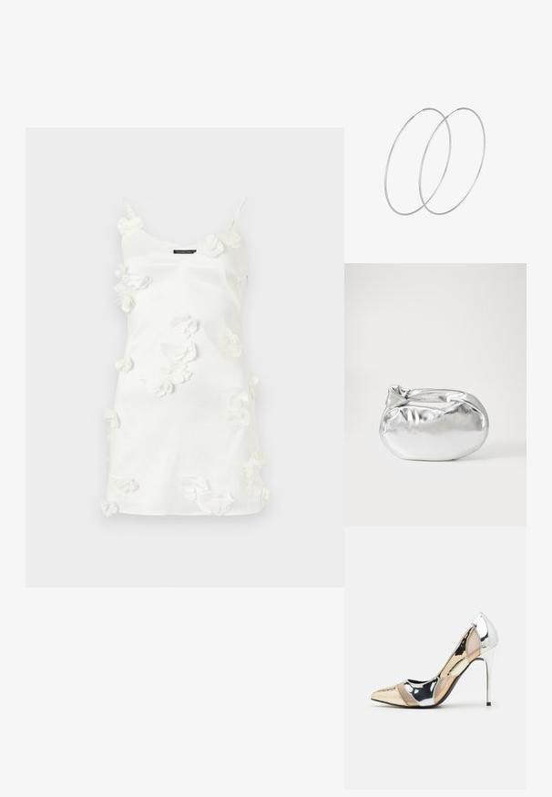 Vestido blanco hecho de una tela suave, con apliques de flores tridimensionales esparcidos por la parte frontal, y finas tirantes en los hombros.; Zapato de tacón alto con punta afilada en una combinación de colores plateado, dorado y nude. Acabado brillante con diseño recortado, que presenta un tacón de aguja.; Bolsa de pouch metálica plateada con una forma suave y redondeada y un cierre en la parte superior con un nudo. Hecha de un material de imitación de cuero suave.; Pendientes de aro plateados con un diseño minimalista. Forma circular, textura suave y perfil delgado. Livianos con un acabado pulido.