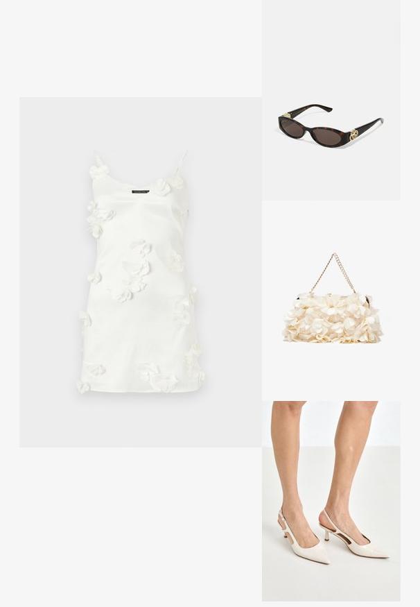 Weißes Kleid aus weichem Stoff, mit dreidimensionalen Blumenapplikationen, die über die Vorderseite verteilt sind, und dünnen Trägern.; Beige Lackleder Slingback-Absätze mit spitzem Fuß und 5 cm Absatz, mit ausgeschnittenen Seiten und einem schmalen Knöchelriemen.; Schildpatt-Sonnenbrille mit länglich-ovalen Gläsern, braunem Farbton, goldenen Logo-Akzenten an den Bügeln und schlanken schwarzen Bügeln.; Weißes Blumenhandtasche mit einer gerafften Stoffoberfläche, goldfarbener Kettenriemen und metallischem Verschluss. Mit strukturierten Blütenblättern für zusätzliche Details.