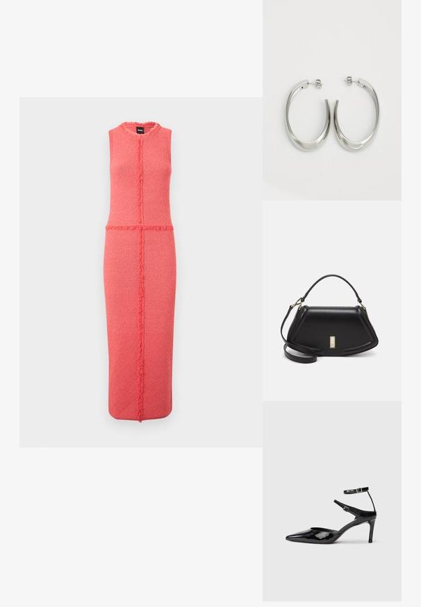 Rausvas be rankovių suknelė su tekstūruotu audiniu, franjele per vidurį ir prigludusia siluetu, baigiasi žemiau kelio.; Juodos lakinės odos aukštakulnės su smailiu koja, reguliuojamais kulkšnies dirželiais ir lieknu kulnu. Lygus paviršius su blizgiu apdaila.; Juoda odinė rankinė su struktūrizuotu dizainu, turi trumpą formą, viršutinę rankeną ir auksinius akcentus. Pridėtas reguliuojamas peties diržas.; Sidabriniai apvalūs auskarai su lygiu, išlenktu dizainu. Yra blizgus metalinis paviršius ir smeigtukų uždarymas. Nėra matomų raštų ar akcentų.