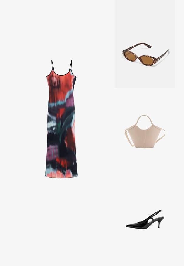 Spagettilenkki-mekko, jossa on virtaava muotoilu eloisissa punaisissa, mustissa ja teal-abstrakteissa kuvioissa. Kevyt kangas, jossa on hienovarainen kiilto.; Musta lakattu nahkainen slingback-korkokenkä teräväkärkisellä, avonaisilla sivurei'illä, kapealla korolla ja säädettävällä nilkkahihnalla.; Kameleontin kuorilla varustetut aurinkolasit, joissa on ovaalit linssit, ruskeat sävyt, ohuet, tekstuurilla varustetut varsiosat ja kevyet muovikehykset.; Vaaleanbeige nahkainen käsilaukku, jossa on ainutlaatuinen muoto, varustettuna kahdella lyhyellä kahvalla ja yhdellä pitkällä säädettävällä hihnalla. Sujuva pinta ja vähän metalliosia.