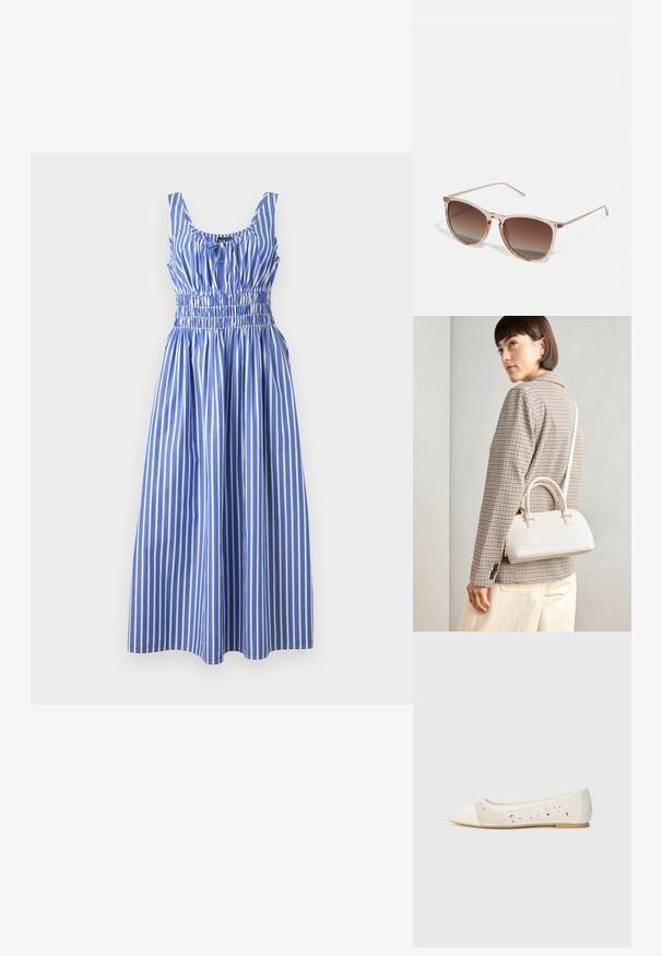 Blå og hvit stripete kjole med smocket midje, scoop-hals og brede stropper, laget av et lett stoff. Teksturerte vertikale striper.; Spiss tå ballettleestøvel i kremfarget skinn med gjennomsiktig overdel som har spredte rhinestones. Myk såle for komfort, minimalistisk design.; Brune gradient solbriller med en gennemsigtig pink ramme, firkantet facon og tynde metalarme. Har afrundede kanter og minimal detaljering.; Hvit strukturert håndveske med korte håndtak og skulderreim, med detaljer i gullfinish og teksturert materiale, vist mot en grå bakgrunn.; Gullfarget metalløredobber med et elegant, buet design. Har en karakteristisk spiss form, polert overflate og hengsel-lukking.