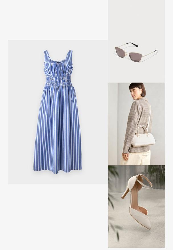 Kék és fehér csíkos ruha begyűrődött derékkal, kerek nyakkivágással és széles pántokkal, könnyű anyagból készült. Texturált függőleges csíkokkal.; Fehér magassarkú cipő sima anyagból, hegyes orral és bokapánttal. Világos bézs belső és aranyszínű hardver díszítés jellemzi.; Macska szemű napszemüveg aranyszínű fém kerettel, sötétszürke árnyékolt lencsékkel és fekete szárvégekkel, a lencsén található logóval.; Fehér, strukturált kézitáska rövid füllel és vállpánttal, arany színű fém kiegészítőkkel és texturált anyagból, szürke háttér előtt bemutatva.