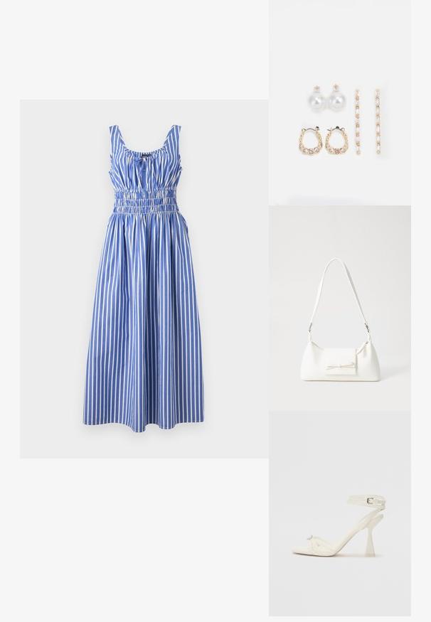 Zila un balta svītraina kleita ar smocked vidukli, apaļu dekoltē un platām siksnām, izgatavota no viegla auduma. Strukturētas vertikālas svītras.; Balti ādas striķu augstpapēžu sandales ar elegantu dizainu, caurspīdīgu blokveida papēdi un dekoratīvu elementu pirksta daļā.; Balta sintētiska soma ar trīsstūrveida formu, plakanu priekšējo vāciņu un loku detaļu, regulējamu siksnu, gludu tekstūru un minimālistisku dizainu.; Trīs auskariņu pāri: lieli baltie pērļu auskari, zelta riņķi ar caurspīdīgiem dārgakmeņiem un divi garie, taisnie zelta akcentu auskaru pāri ar spīdīgām detaļām.