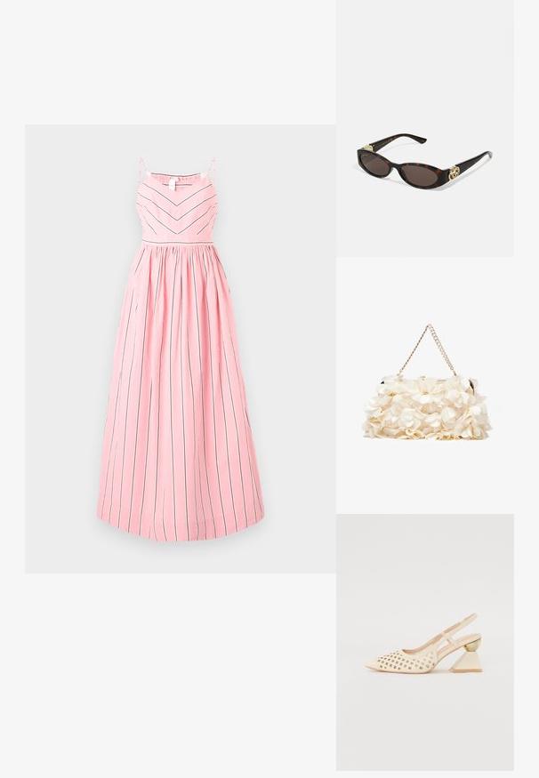 Rosa kjole med tynne vertikale svarte striper, ermeløs design, samlet midje og en flytende, plisserte skjørt.; Beige slingback sko med perforert overdel, spiss tå og en kontrasterende trekantet hæl med gullakksent. Generelt glatt tekstur.; Skilpadde-solbriller med avlange ovale linser, brun tint, gull-logo aksenter på stengene og elegante svarte armer.; Hvit blomsterhåndveske med en samlet stoffoverflate, gullfarget kjedehank og metallklips. Har teksturerte kronblader for ekstra detalj.