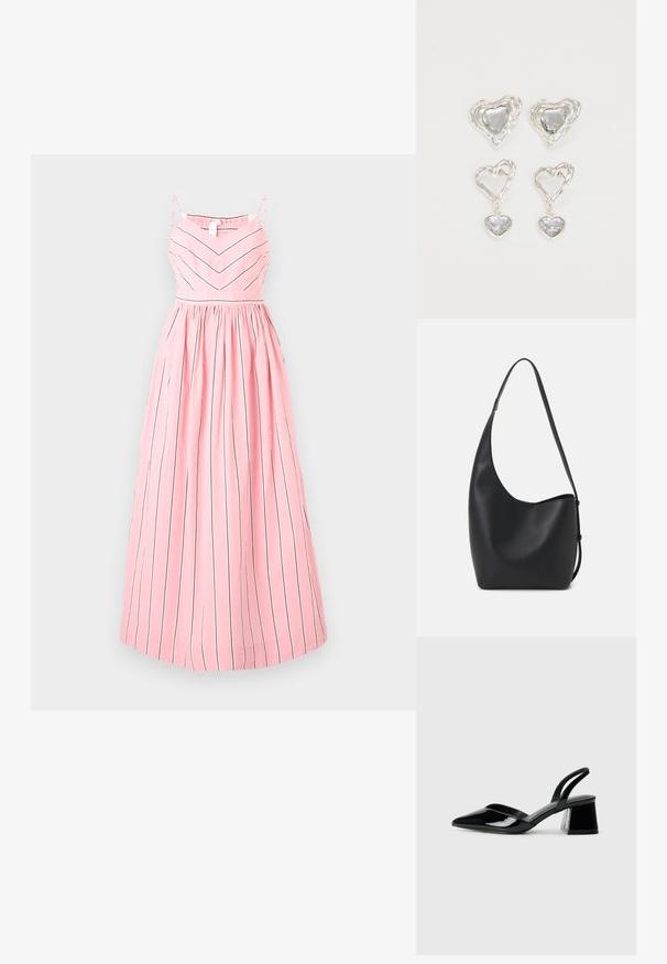 Roza haljina s tankim okomitim crnim prugama, bez rukava, s nabranim strukom i lepršavom, naboranom suknjom.; Crne lakirane kožne sandale s otvorenom petom i špicastim vrhom, s geometrijskom blok petom. Imaju elegantan, minimalistički dizajn i glatku teksturu.; Crna kožna hobo torba s glatkom teksturom, zakrivljenim oblikom i jednom podesivom trakicom; ima širok otvor na vrhu.; Srebrne naušnice u obliku srca imaju fasetirane prozirne kamenčiće, s teksturiranim okvirom. Set uključuje naušnice na dugme i viseće stilove.