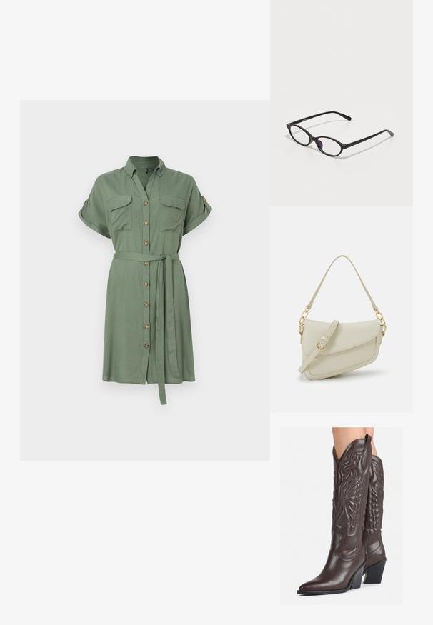 Robe chemise vert olive en tissu léger, avec des manches courtes, deux poches poitrine et une taille nouée avec une fermeture à boutons sur le devant.; Bottes de cowboy en cuir marron avec un bout pointu et un talon bloc, présentant des coutures détaillées et des accents en relief sur la tige.; Lunettes en plastique noir avec une forme ovale, dotées de verres transparents et d'un accent violet sur le verre gauche. Design élégant et minimal.; Petit sac à main crème avec une finition texturée, une longue sangle réglable, un accent en chaîne et une fermeture à rabat. Détails en matériel doré.