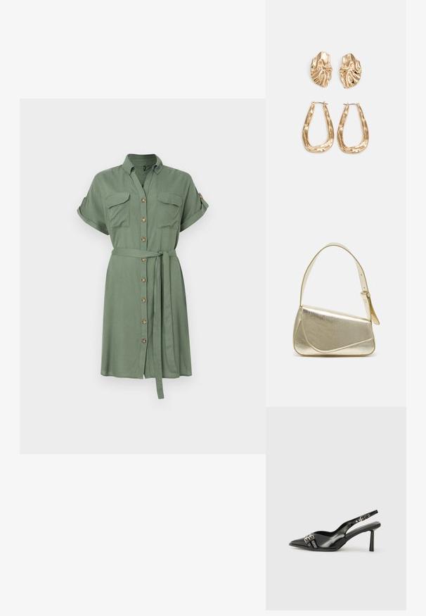 Alyvmedžio žalia suknelė iš lengvos medžiagos, su trumpomis rankovėmis, dviem krūtinės kišenėmis ir rišamu juosmeniu su priekiniais sagų uždarymu.; Juodas lakuotas odinis batelis su smailiu pirštu, kulkšnies dirželiais su sidabrinėmis sagtimis ir detalėmis, bei plonu kulnu.; Aukso metalinės rankinės su struktūrizuotu dizainu, lygaus paviršiaus ir reguliuojama dirželiu. Pasižymi unikaliu trikampiu pavidalu ir minimalizmu siuvinėjime.; Auksinės auskarai, turintys tekstūruotus, bangų formos elementus. Įeina skulptūriniai segami auskarai ir atviri lankai su išmuštu paviršiumi.