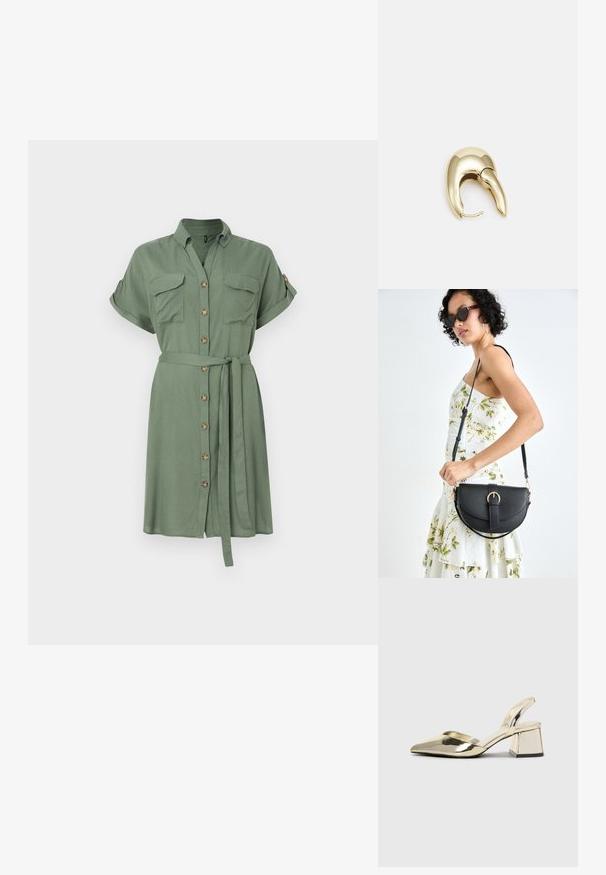 Olivno zeleni srajčni oblek v lahkem blagu, z kratkimi rokavi, dvema žepoma na prsih in vezanim pasom ter sprednjim gumbom za zapiranje.; Zlati, kovinski slingback čeveljci z ostrim nosom in masivnim peto. Gladka tekstura, minimalistična zasnova in ozka zanka.; Črna usnjena torbica s ukrivljeno obliko, z odstranljivo naramnico in zlatimi dodatki. Torbica ima pokrov s podrobnostmi v obliki zaponke.; Uhane nakit iz zlatastega tona z gladko, ukrivljeno zasnovo. Ima edinstveno koničasto obliko, polirano površino in zaponko s tečajem.