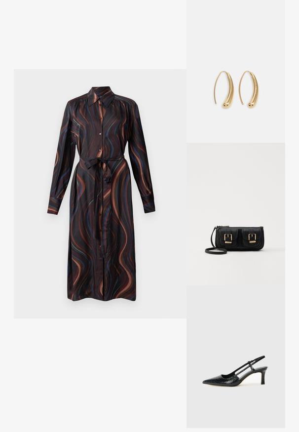 Robe à manches longues en tissu sombre avec des motifs tourbillonnants colorés. Elle a un col, un devant à boutons et une taille ceinturée.; Escarpin slingback en vernis noir avec un bout pointu, présentant un imprimé serpent texturé, une sangle réglable et un petit talon bloc texturé.; Sac en cuir noir porté en travers avec deux poches avant, boucles dorées, fermeture zippée et une sangle fine. Surface texturée et forme rectangulaire compacte.; Boucles d'oreilles en métal doré en forme d'anneau, avec une forme courbée et allongée. Elles présentent une surface lisse et brillante avec une pointe arrondie pour un détail supplémentaire.