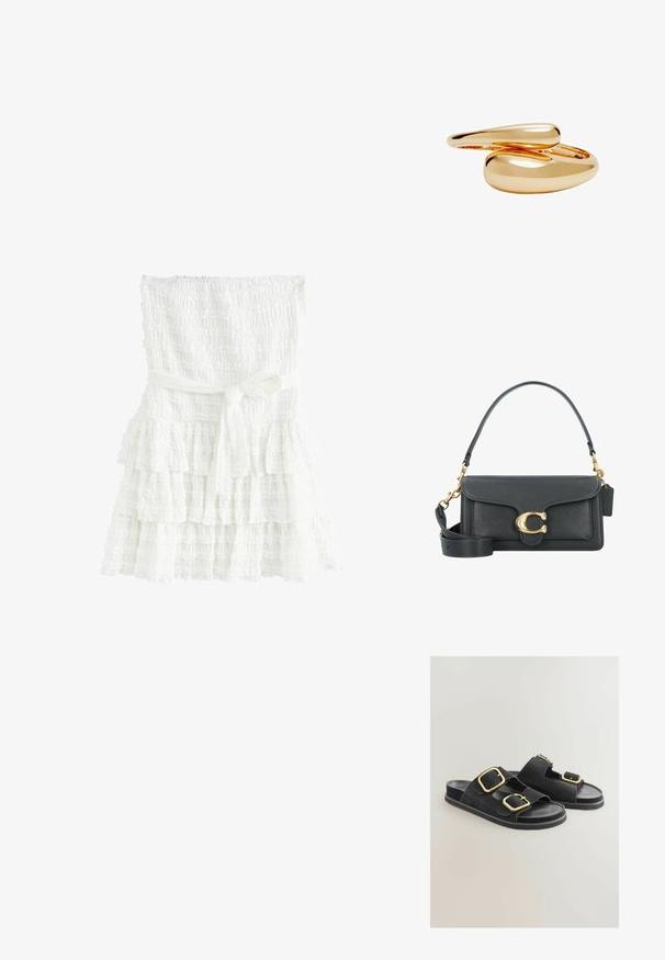 Bela večerna obleka iz teksturirane tkanine, z nabranim korzetom in vezanim pasom v pasu. Plasti imajo volanaste robove.; Črne semišne sandale z dvema širokima trakoma in zlatimi zaponkami, ravnim podplatom in odprtim nosom. Gladka tekstura z kontrastnimi kovinskimi poudarki.; Črna usnjena torbica z zlatim okovjem, ki se ponaša s prepoznavnim zapiralom, odstranljivim ramenskim trakom in teksturirano površino.; Zlato obarvani prstani z gladkimi, zaobljenimi oblikami, ki se prepletajo. Visoko sijajen zaključek z refleksivno površino, ki prikazuje brezhiben dizajn.