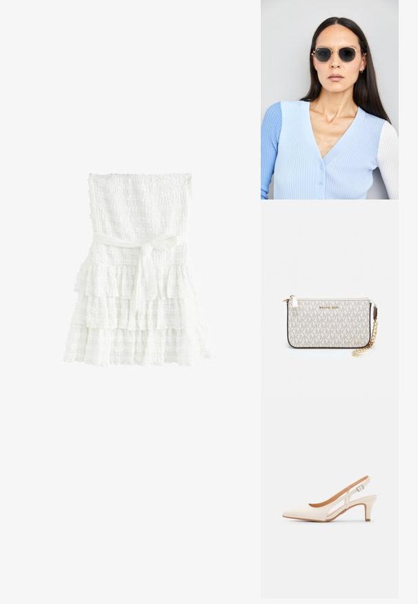 Witte gelaagde jurk van textuurstof, met een gesmockte bustier en een gestrikte riem in de taille. De lagen hebben gerafelde randen.; Witte slingback hak met een spitse neus, glad bovenmateriaal, lage blokhak en een design met uitsparingen aan de zijkant, voorzien van een verstelbare gespsluiting.; Ronde zonnebrillen met donkere glazen en gouden montuur. Het model draagt een lichtblauwe, geribbelde cardigan met knopen en contrasterende witte mouwen.; Michael Kors polsbandje in beige gecoate canvas met een herhaald MK-logo patroon, gouden hardware en een afneembare kettingriem.