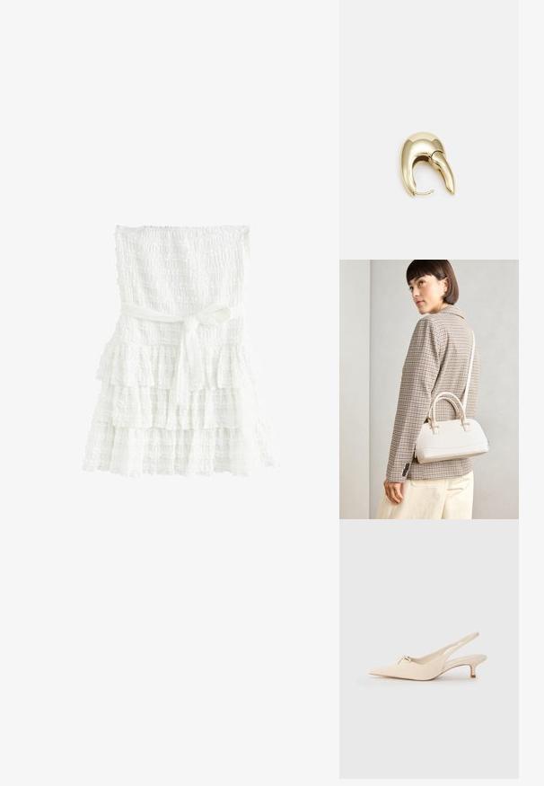Biała sukienka z warstwami, wykonana z fakturowanej tkaniny, z marszczonym dekoltem i zawiązywanym paskiem w talii. Warstwy mają falbany na brzegach.; Sandały slingback z noskiem w kształcie szpica w off-white skórze, z małym detalem w postaci kokardki i niskim obcasem typu kitten heel. Gładka faktura, minimalistyczny design.; Biała torebka o strukturalnym kształcie z krótkimi uchwytami i paskiem na ramię, z złotymi akcentami i teksturowanym materiałem, prezentowana na szarym tle.; Złote metalowe kolczyki o eleganckim, zakrzywionym kształcie. Posiadają charakterystyczny szpiczasty kształt, polerowaną powierzchnię oraz zapięcie na zawias.