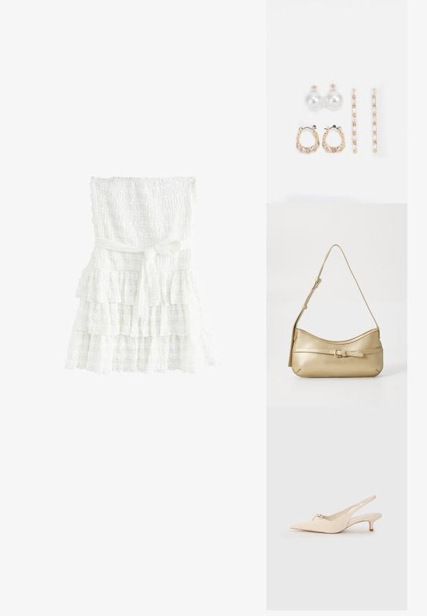 Valge kihiline kleit, mis on valmistatud tekstuurilisest kangast, omades smockitud rinnaosa ja sidumisvööd taljes. Kihtidel on volangilised servad.; Kitsas varbaga ja avatud kannaosa valged nahast slingback kingad, kaunistatud väikese sõlme detailiga ja madala kitten kontsaga. Sile tekstuur, minimalistlik kujundus.; Metallik kullast õlakott, millel on kõver kuju, sile tekstuur, lame rihm ja dekoratiivne kinnituse detail esiosas.; Kolm paari kõrvarõngaid: suured valged pärlstudid, kuldsed rõngad läbipaistvate gemmidega ning kaks pikka, sirget kullast aktsentkõrvarõngast sädeleva detailiga.