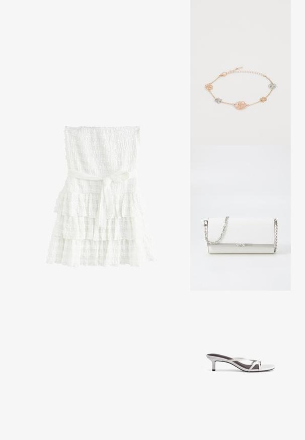 Vestido blanco de varias capas hecho de tela texturizada, con un corsé fruncido y un cinturón atado en la cintura. Las capas tienen bordes con volantes.; Sandalias con tacón plateado y diseño de tiras cruzadas, con una textura suave y punta afilada. El tacón mide aproximadamente dos pulgadas de alto.; MICHAEL Michael Kors MONA - Bandolera - optic white; Pulsera de cadena de oro rosa con motivos florales en tonos plateados y dorados, con detalles texturizados y lisos. Cierre de langosta.
