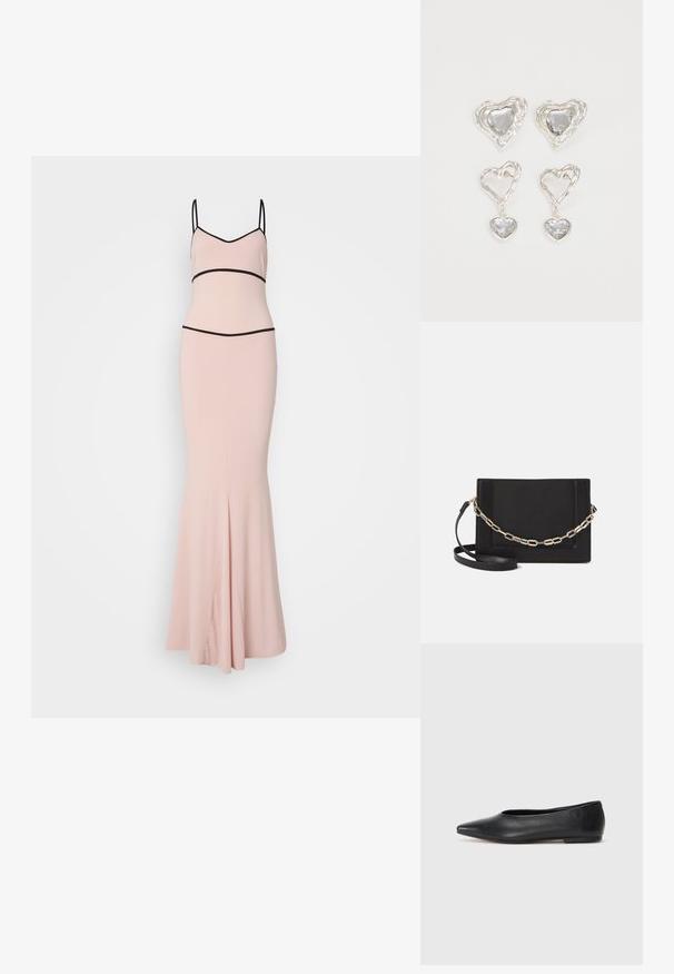 Vestido ajustado rosa com uma saia que se alarga na parte inferior. Apresenta finas alças pretas e uma cintura preta contrastante. Textura suave.; Bailarina de couro preto, bico fino, design minimalista, textura suave, salto baixo, sem hardware ou embelezamentos visíveis.; Bolsa crossbody de couro preto com uma textura suave, forma retangular e um detalhe em corrente metálica na frente. Inclui uma alça ajustável.; Os brincos em forma de coração prateados apresentam pedras claras facetadas, com uma moldura texturizada. O conjunto inclui estilos de botão e de gota.