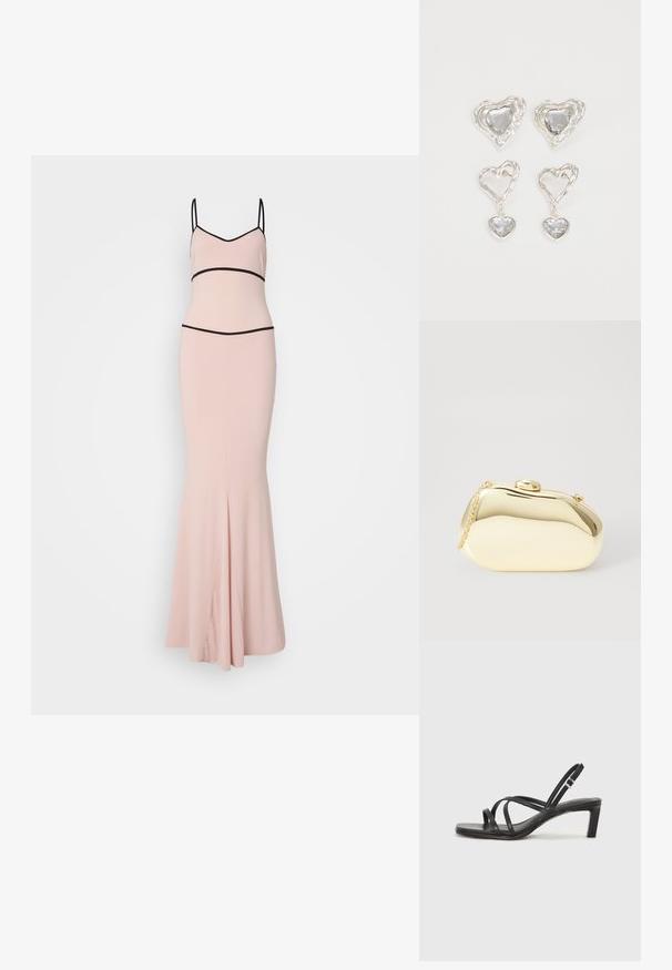 Rožinė aptempinė suknelė, kurios sijonas apatinėje dalyje plečiasi. Savybės: plonos juodos petnešos ir kontrastinga juoda juosmens juosta. Švelni tekstūra.; Juodi šlepetės su kvadratiniu pirštu ir žemu bloku kulnu. Yra keli ploni dirželiai ir reguliuojamas kulkšnies diržas. Pagaminti iš lygios odos.; Metalinis auksinis rankinukas su glotnia, suapvalinta forma, turintis viršutinį mygtuko užsegimą ir mažą grandinėlės dirželį nešiojimui.; Sidabrinės širdelės formos auskarai puošti facetuotais skaidriais akmenimis, su tekstūruotu rėmu. Rinkinį sudaro tiek auskarai-stud, tiek kabančios formos.