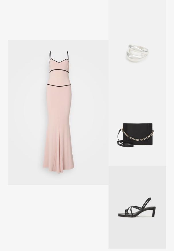 Ružové priliehavé šaty so sukňou, ktorá sa na spodku rozširuje. Má tenké čierne ramienka a kontrastný čierny pás. Hladká textúra.; Čierne sandále na vysokom podpätku so štvorcovou špičkou a nízkym blokovým podpätkom. Obsahujú viacero tenkých popruhov a nastaviteľný členkový popruh. Vyrobené z hladkej kože.; Čierna kožená crossbody taška s hladkou textúrou, obdĺžnikovým tvarom a kovovým reťazovým detailom na prednej strane. Súčasťou je nastaviteľný popruh.; Strieborný prsteň s dvojitým pásikom s hladkým, lesklým povrchom. Má plynulý, zakrivený dizajn s prekryvajúcimi sa časťami pre moderný vzhľad.